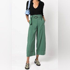 Ganni‎ Wide Leg Cropped Utility Trouser Pants in Myrtle Green Preppy Work Size 4